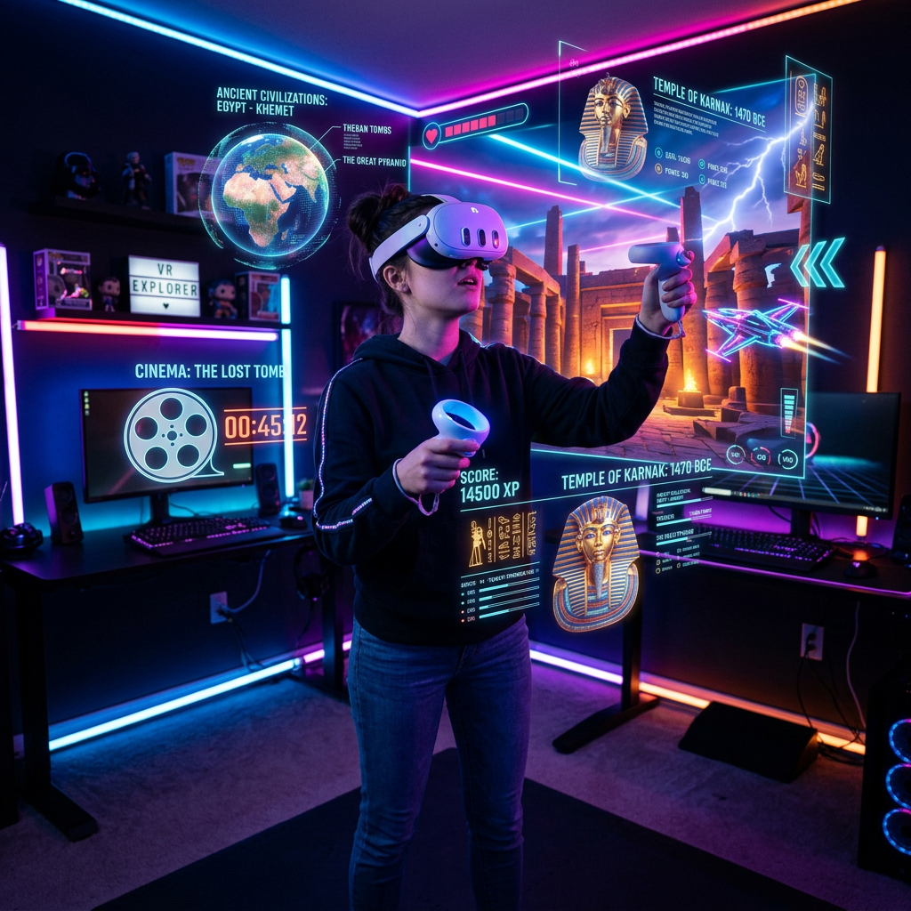 Person wearing VR headset and controllers interacting with virtual ancient Egyptian temple and educational holograms