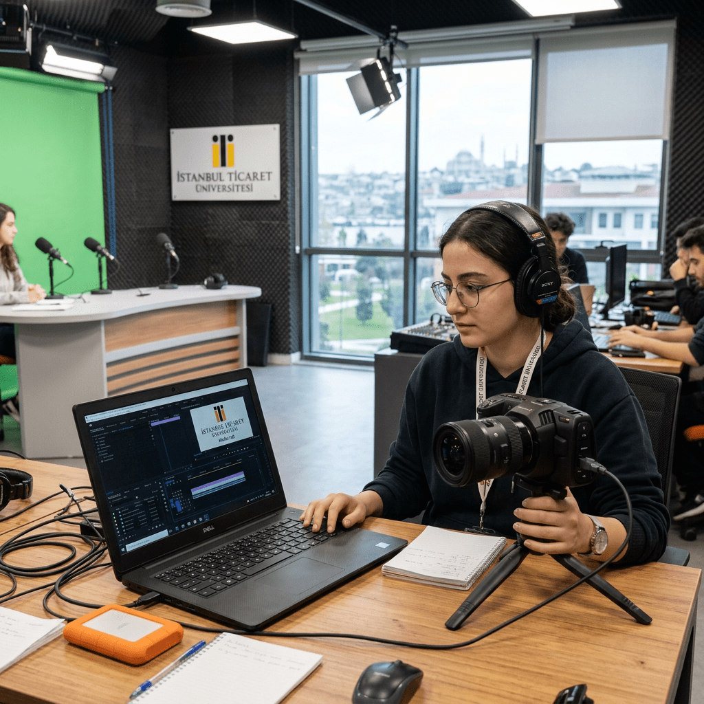 Student wearing headphones editing video on laptop and holding camera in university studio