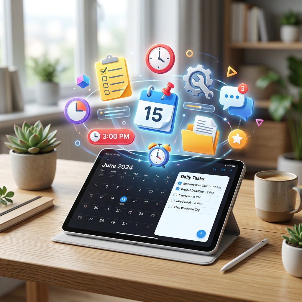 Tablet showing June 2024 calendar and daily tasks with floating icons for scheduling, reminders, and messages