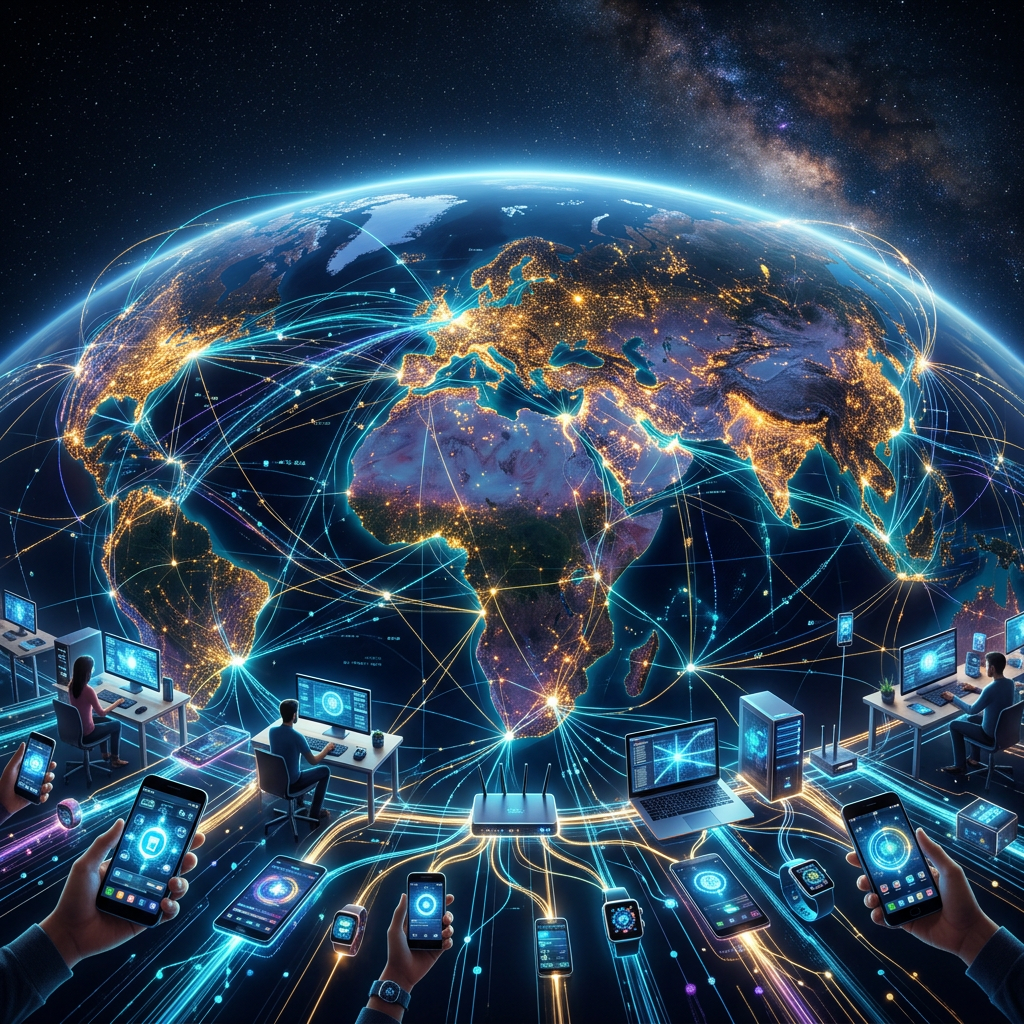 Digital devices and workstations connected worldwide by glowing network lines over Earth's map at night