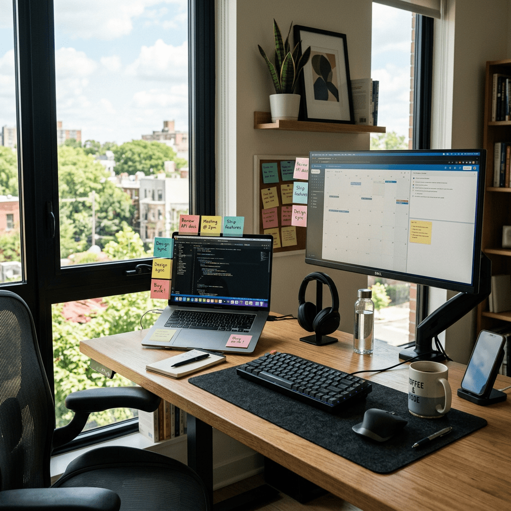 Home office desk with laptop displaying code, large monitor showing calendar, sticky notes, headphones, water bottle, and coffee mug
